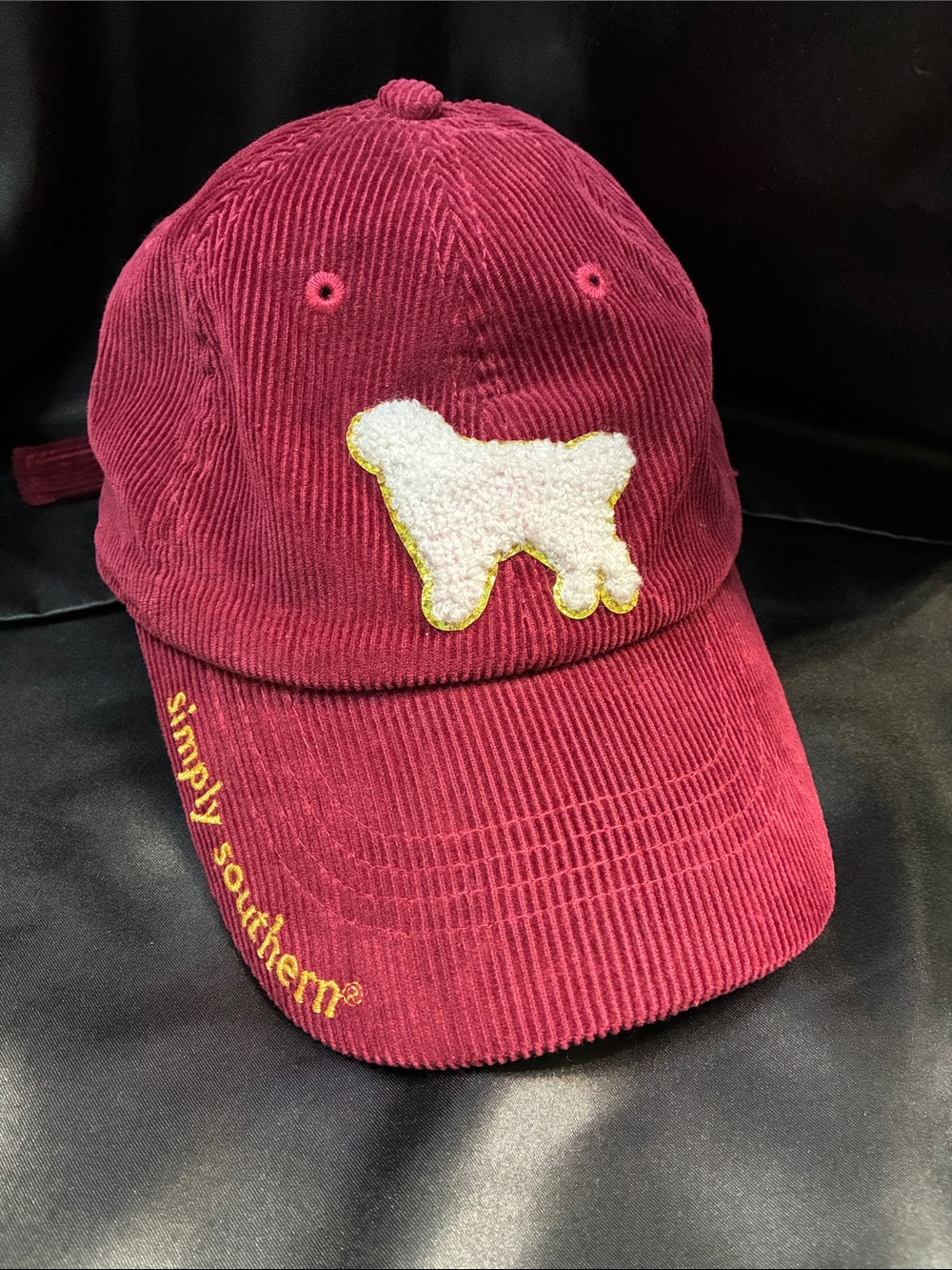 Simply Southern Burgundy Corduroy Hat with White Sherpa Dog Patch